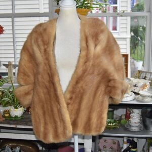 Vintage 1950s Holmes Genuine Mink Fur Stole Cape Jacket Honey Brown Monogram OS